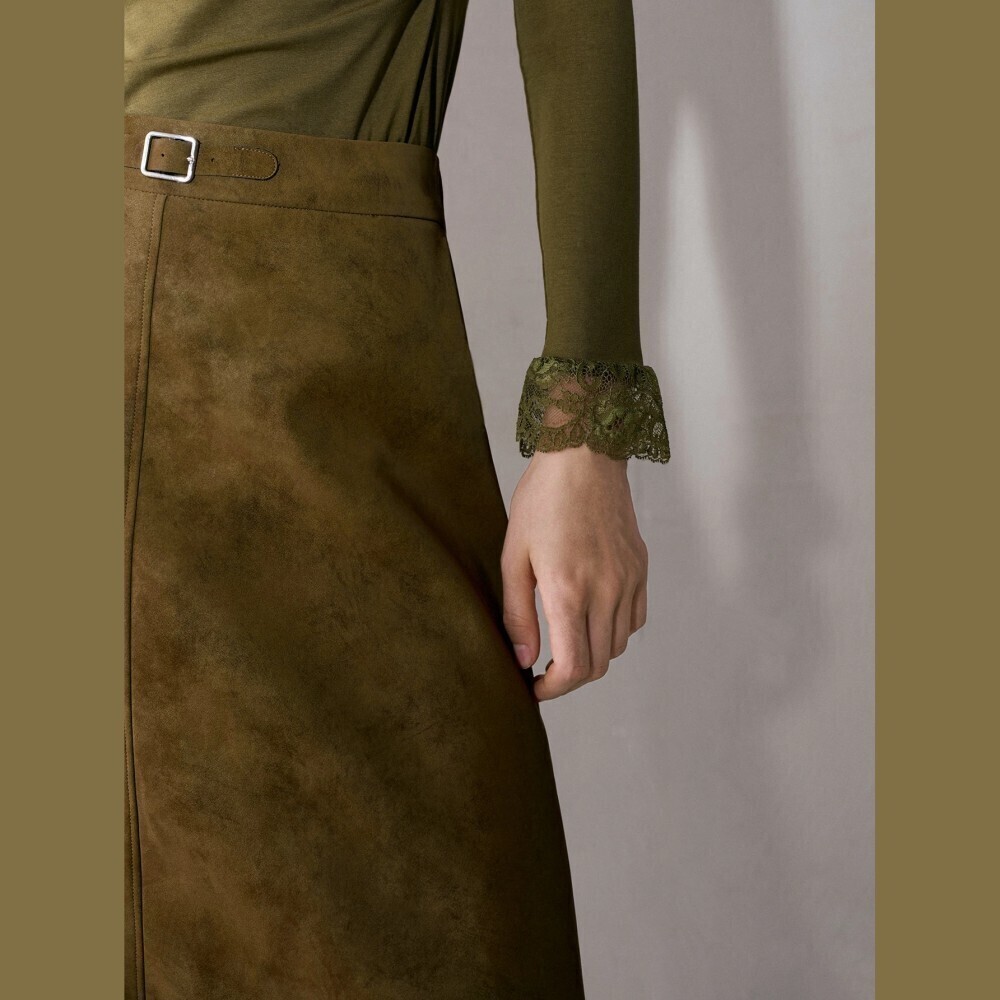 Olive Green Asymmetrical Neck Top with Lace Trim Cuffs - Picture 5 of 6